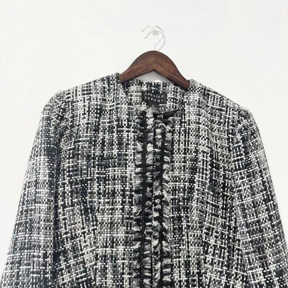 Spenser Jeremy Womens Tweed Blazer Jacket Black Gray White Fringe Open Front - Picture 2 of 9